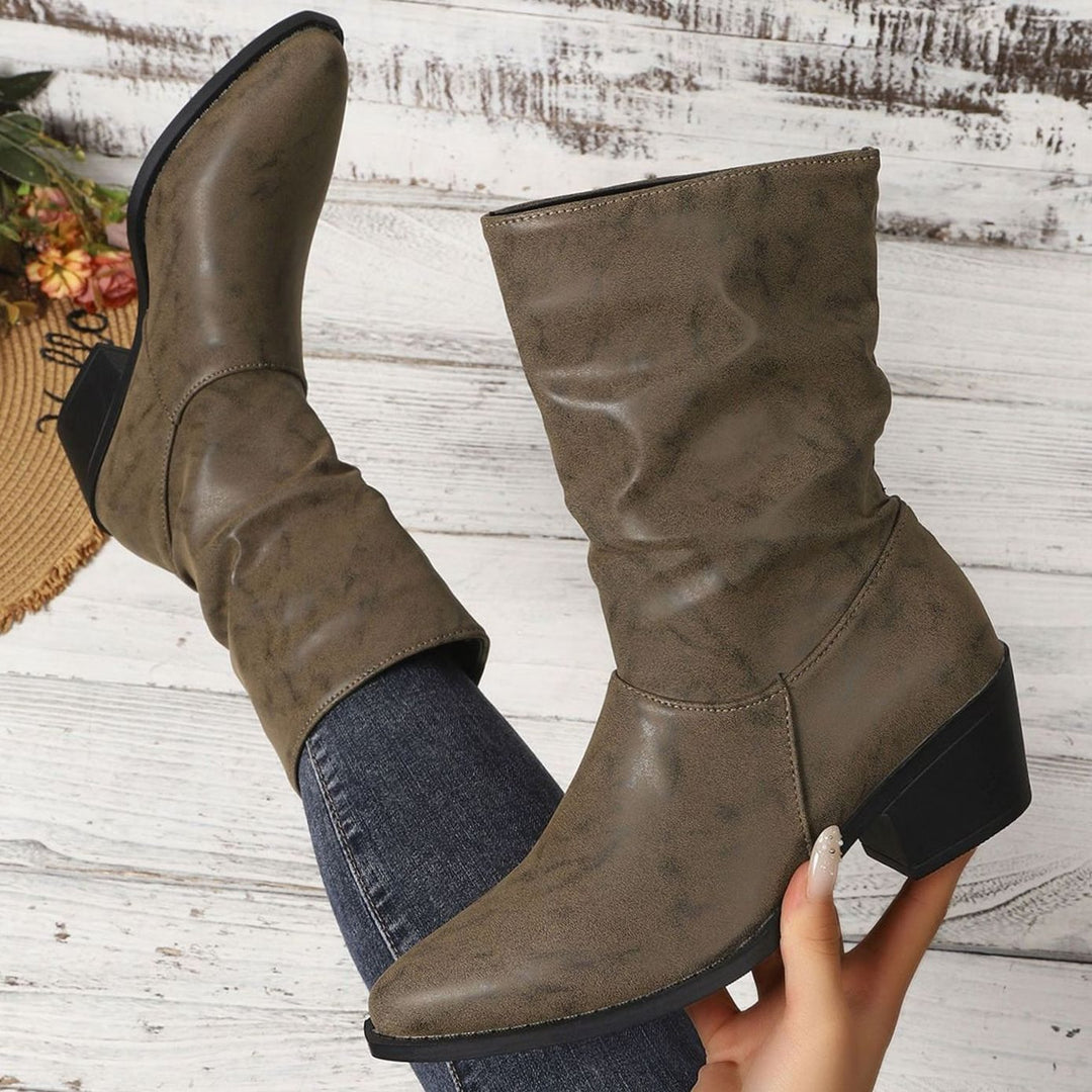 Women's Slouch Mid-Calf Block Heel Faux Leather Ankle Boots - Khaki