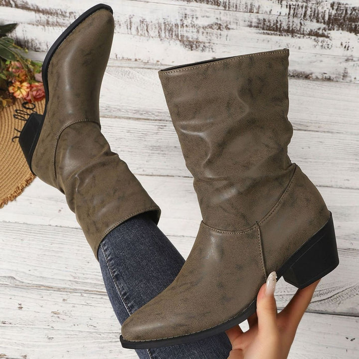 Women's Slouch Mid-Calf Block Heel Faux Leather Ankle Boots - Khaki