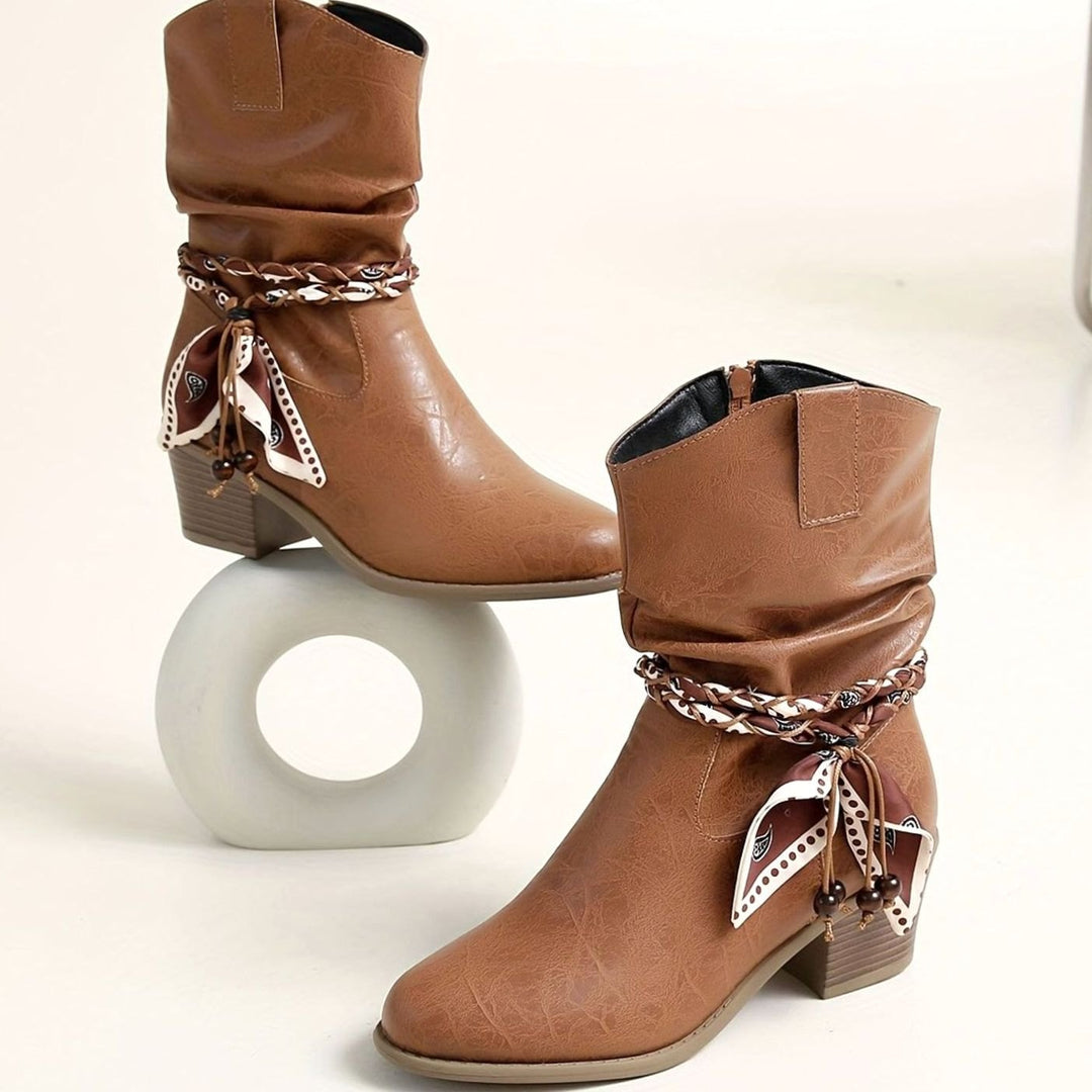 Women's Slouch Western Ankle Boots Block Heel Bandana Wrap Detail