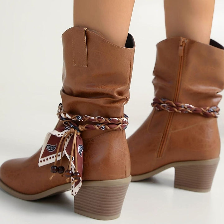 Women's Slouch Western Ankle Boots Block Heel Bandana Wrap Detail