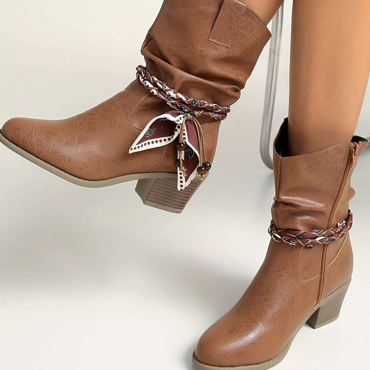 Women's Slouch Western Ankle Boots Block Heel Bandana Wrap Detail