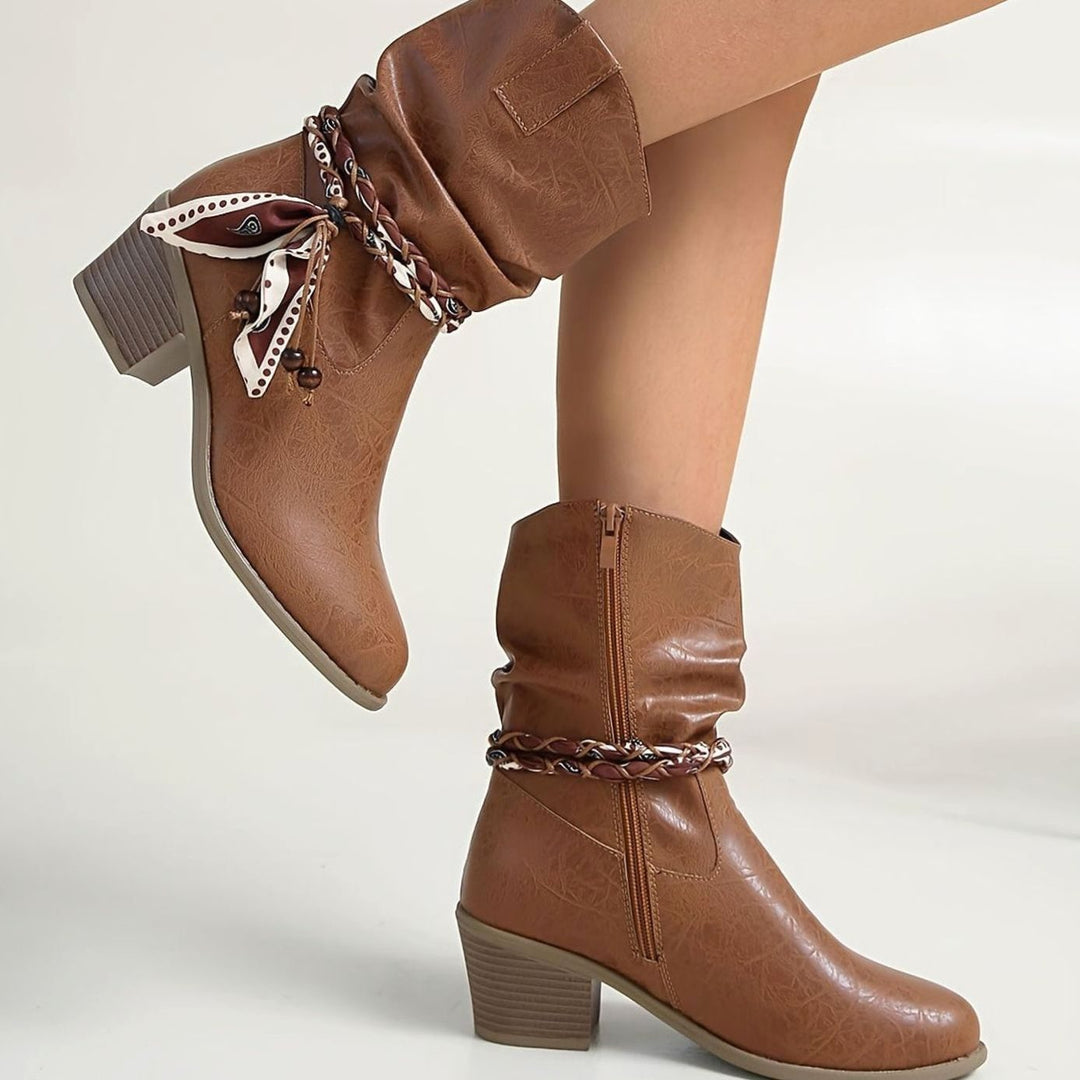 Women's Slouch Western Ankle Boots Block Heel Bandana Wrap Detail