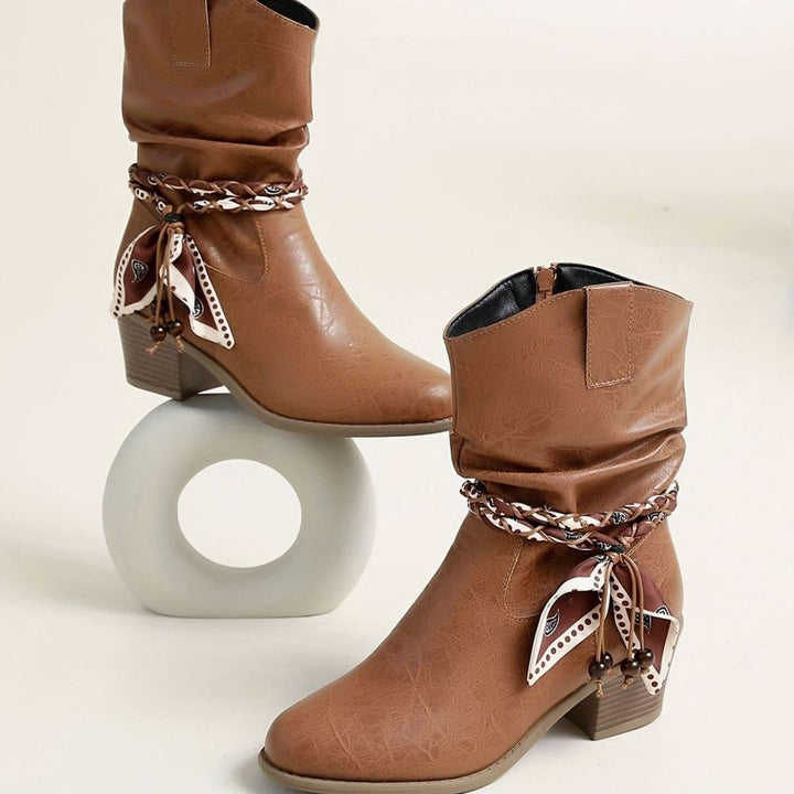 Women's Slouch Western Ankle Boots Block Heel Bandana Wrap Detail - Light Brown