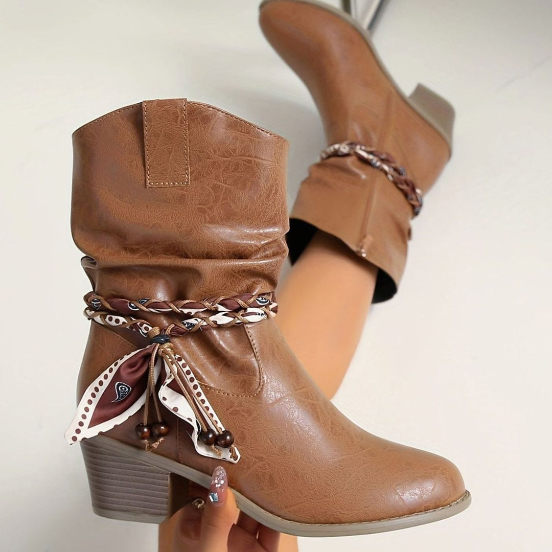 Women's Slouch Western Ankle Boots Block Heel Bandana Wrap Detail