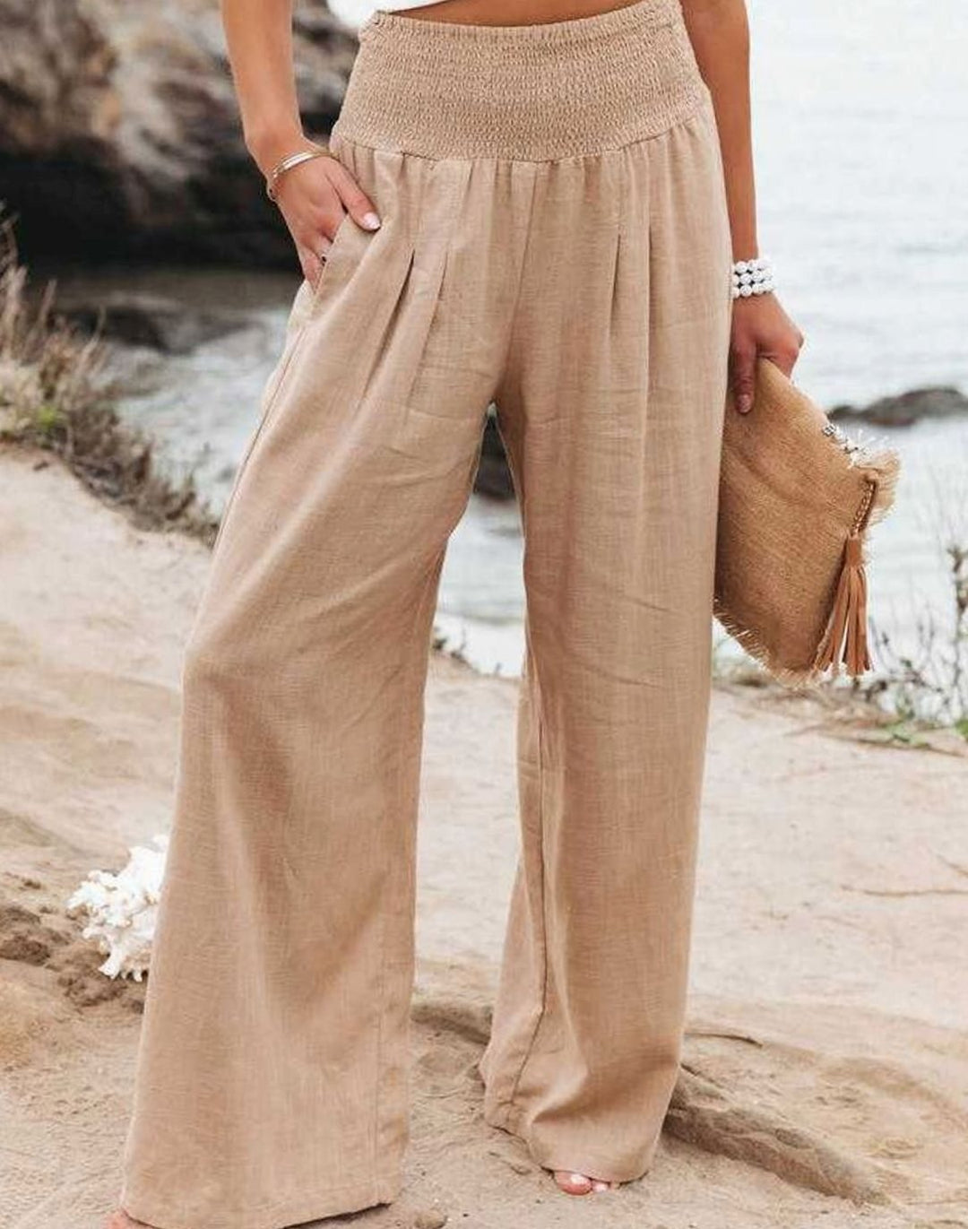 Women's Smocked High-Waist Wide-Leg Beach Trousers - Beige
