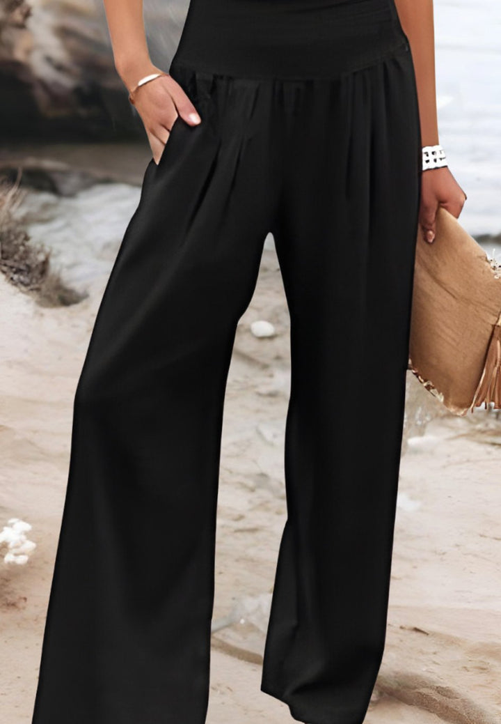 Women's Smocked High-Waist Wide-Leg Beach Trousers - Black