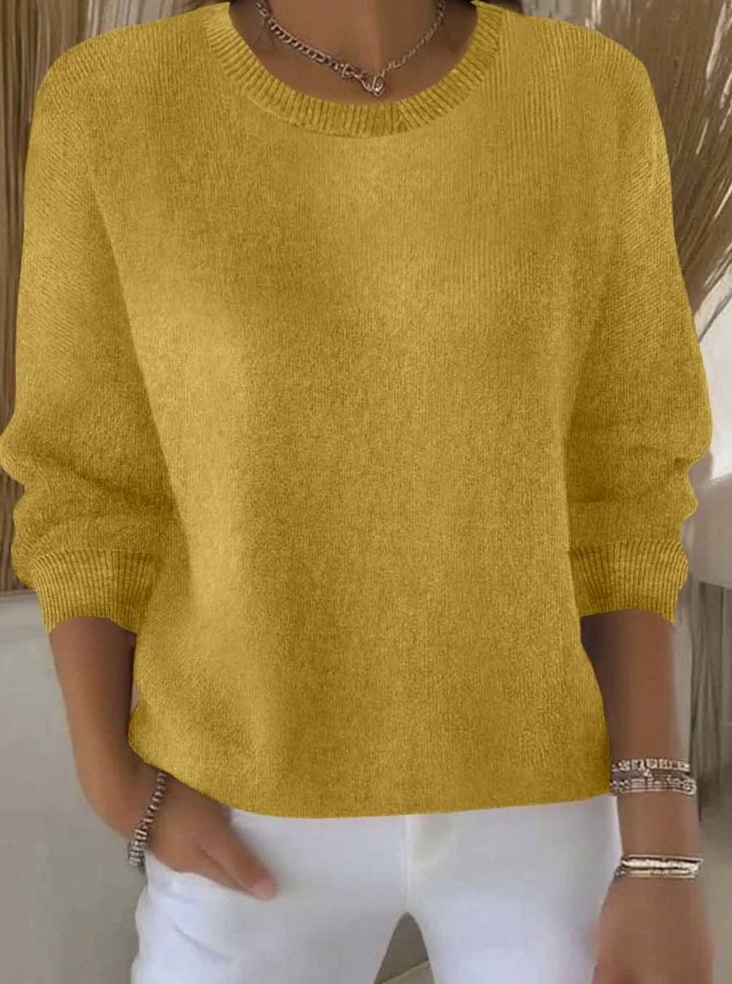 Women's Soft Knit Crew-Neck Long-Sleeve Jumper - Yellow