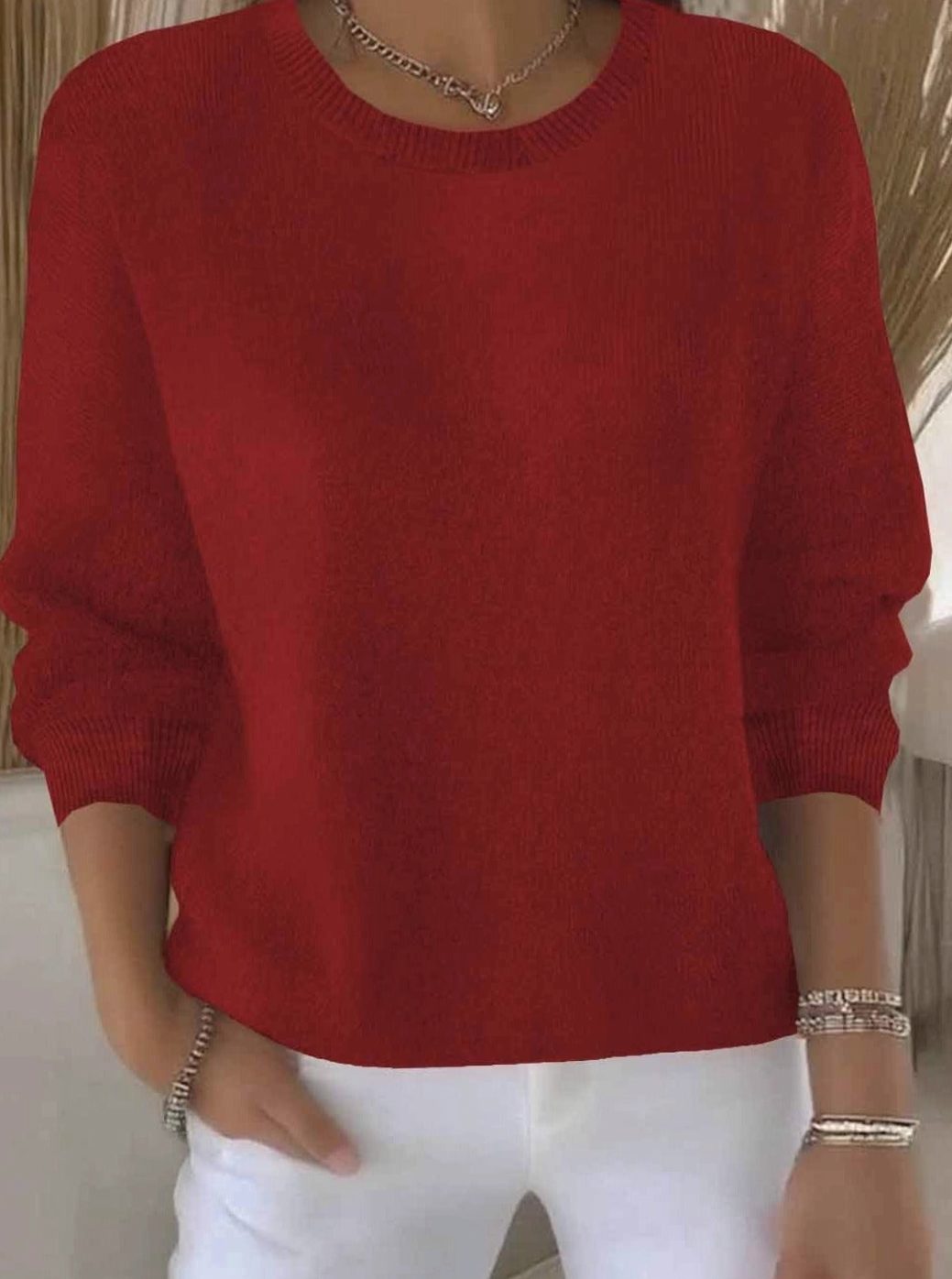 Women's Soft Knit Crew-Neck Long-Sleeve Jumper - Red
