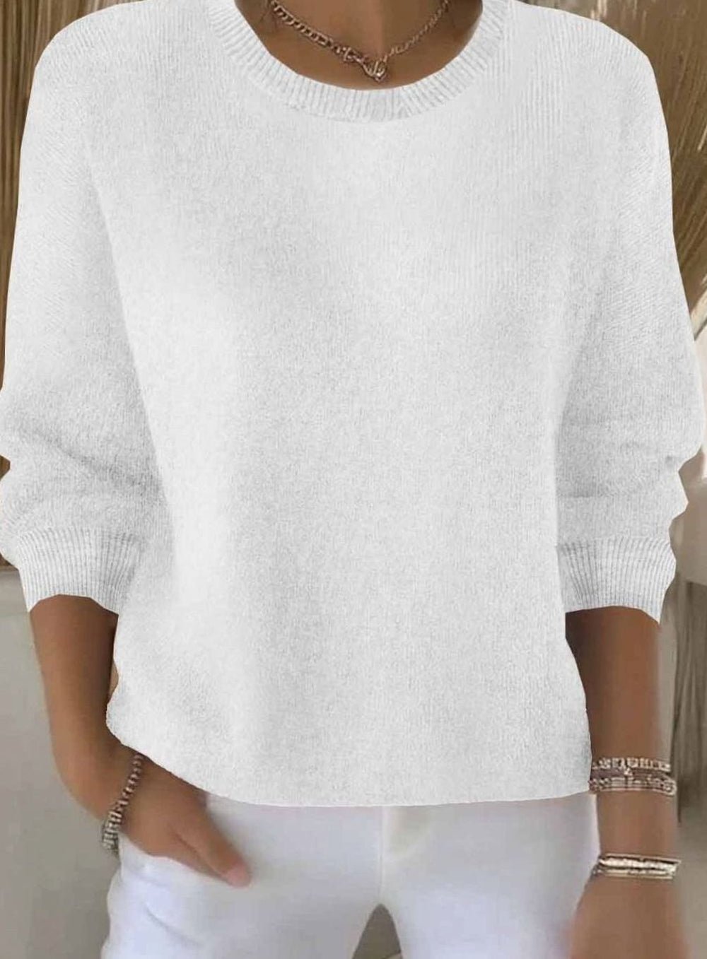 Women's Soft Knit Crew-Neck Long-Sleeve Jumper - White