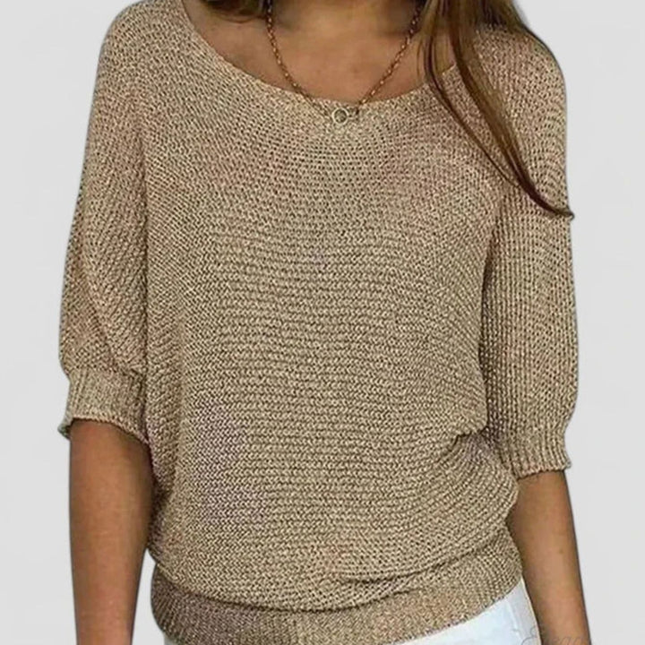 Women's Soft Knit Jumper Scoop-Neck Half-Sleeve Relaxed Top - Beige
