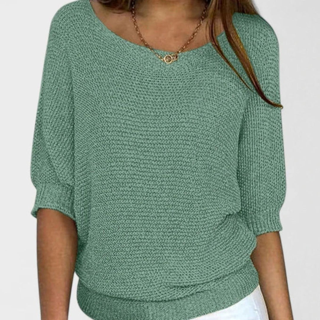 Women's Soft Knit Jumper Scoop-Neck Half-Sleeve Relaxed Top - Green