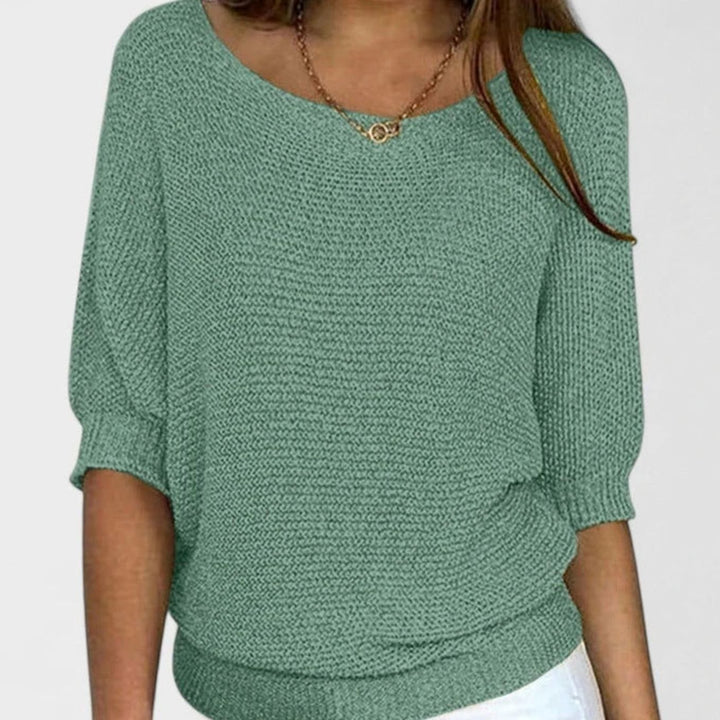 Women's Soft Knit Jumper Scoop-Neck Half-Sleeve Relaxed Top - Green