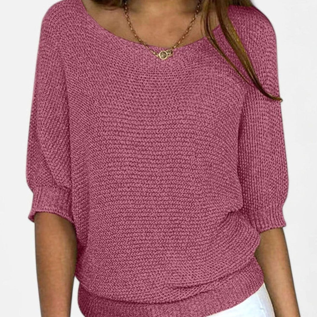 Women's Soft Knit Jumper Scoop-Neck Half-Sleeve Relaxed Top - Pink