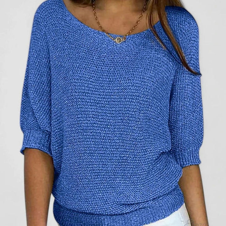Women's Soft Knit Jumper Scoop-Neck Half-Sleeve Relaxed Top - Blue