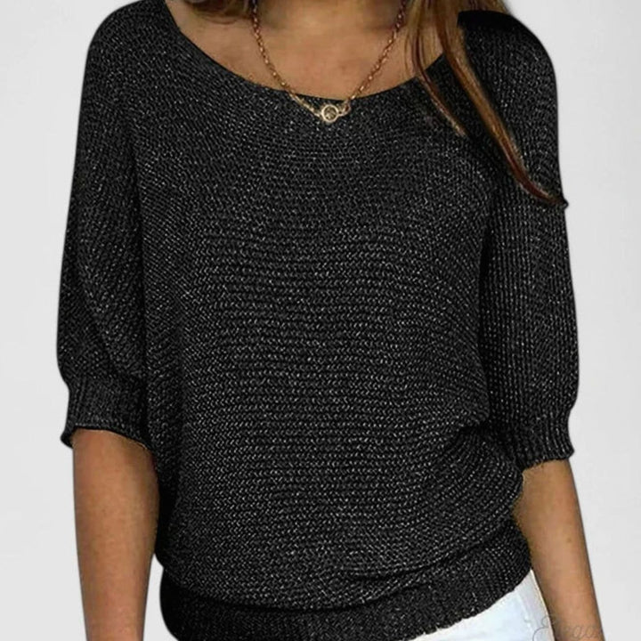 Women's Soft Knit Jumper Scoop-Neck Half-Sleeve Relaxed Top - Black