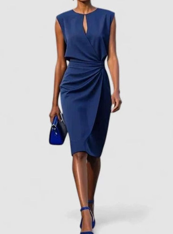 Women's Solid Colour Ruched Wrap-Style Sleeveless Midi Dress - Navy Blue