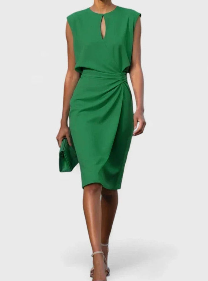 Women's Solid Colour Ruched Wrap-Style Sleeveless Midi Dress - Green