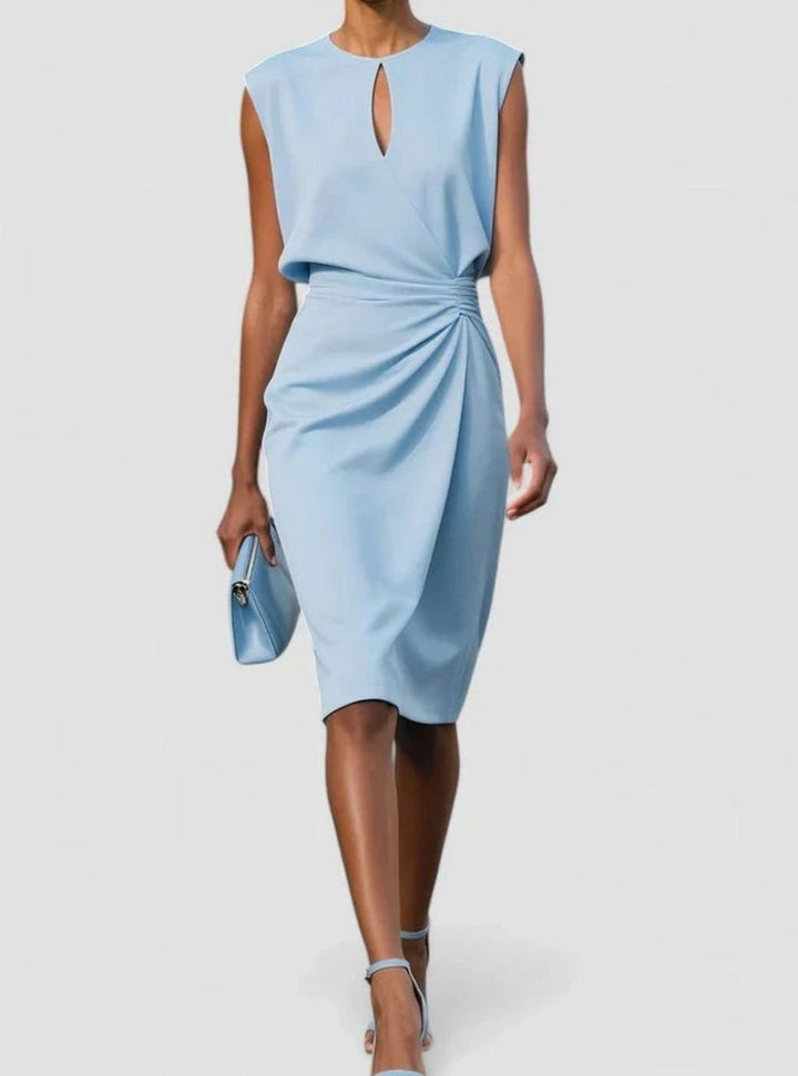 Women's Solid Colour Ruched Wrap-Style Sleeveless Midi Dress - Light Blue