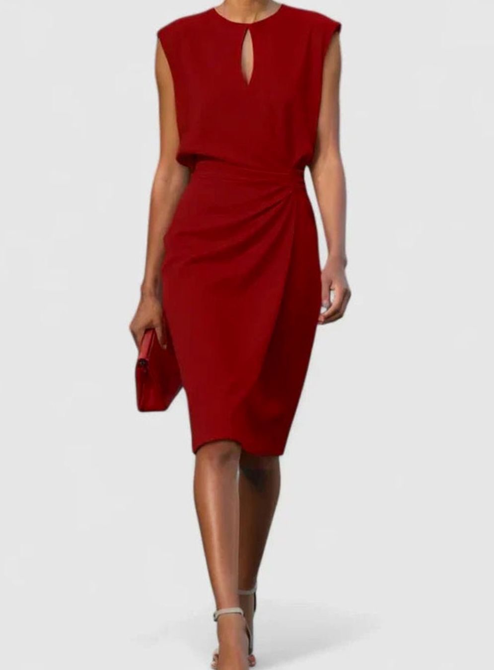 Women's Solid Colour Ruched Wrap-Style Sleeveless Midi Dress - Red