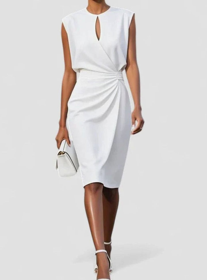Women's Solid Colour Ruched Wrap-Style Sleeveless Midi Dress - White