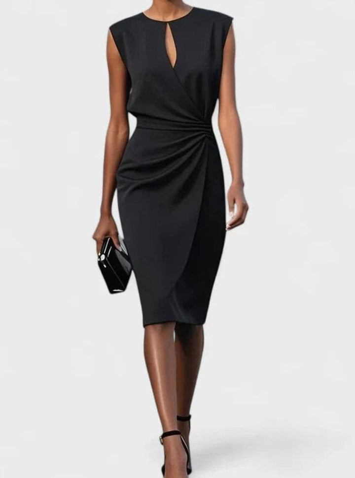 Women's Solid Colour Ruched Wrap-Style Sleeveless Midi Dress - Black