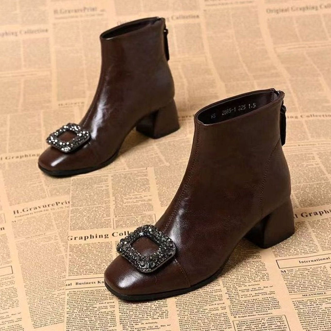 Women's Square-Toe Block-Heel Embellished Ankle Boots - Brown