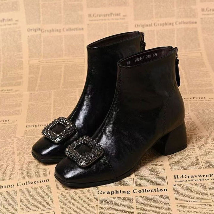 Women's Square-Toe Block-Heel Embellished Ankle Boots - Black