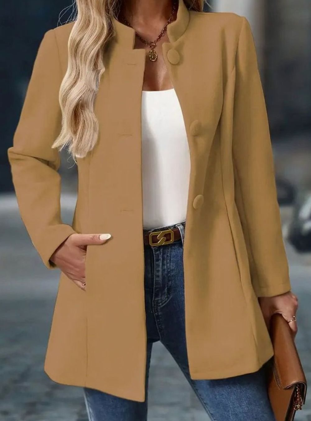 Women's Stand-Collar Longline Blazer Coat Button-Front - Camel