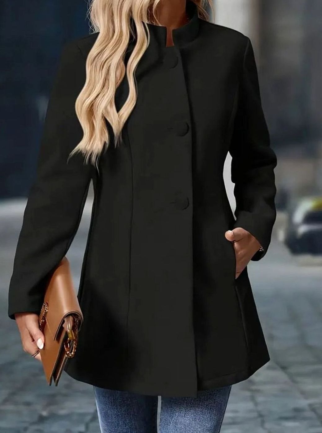 Women's Stand-Collar Longline Blazer Coat Button-Front