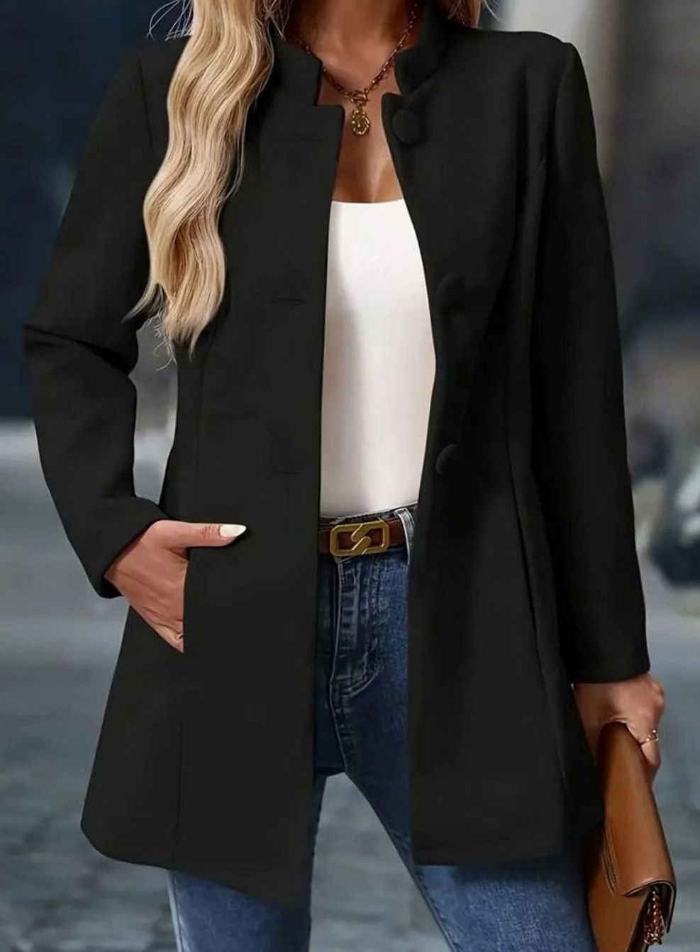 Women's Stand-Collar Longline Blazer Coat Button-Front - Black
