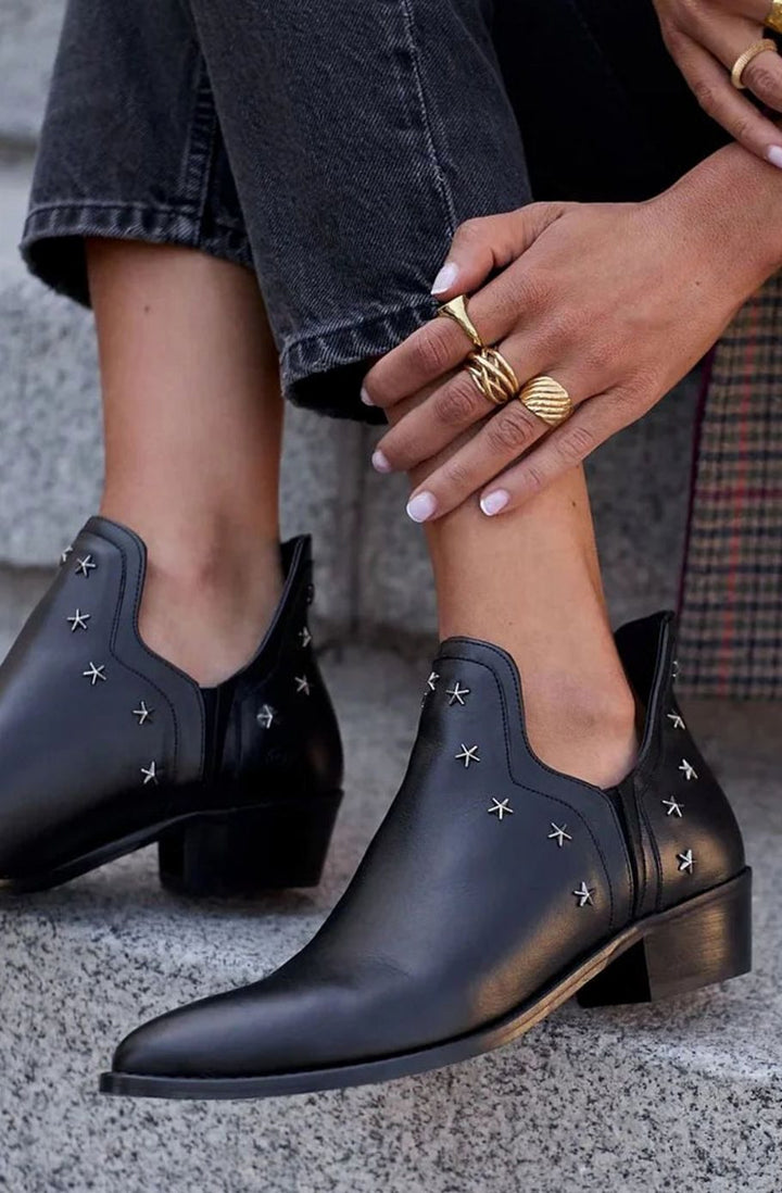 Women's Star-Studded Pointed-Toe Block-Heel Ankle Boots - Black