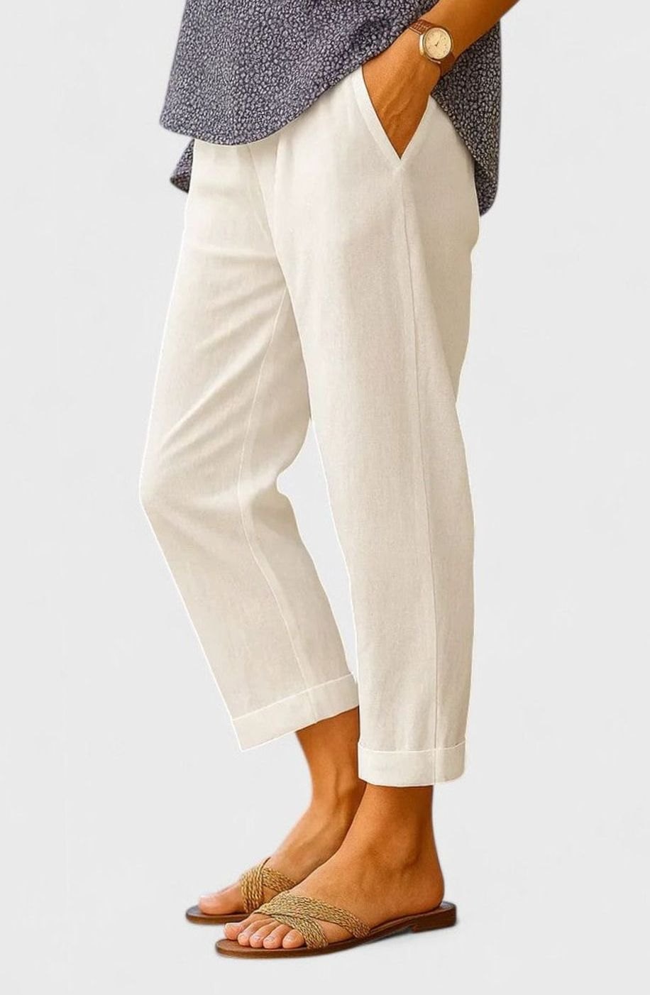 Women's Straight-Leg Tailored Cropped Trousers Side Pockets - Ivory White