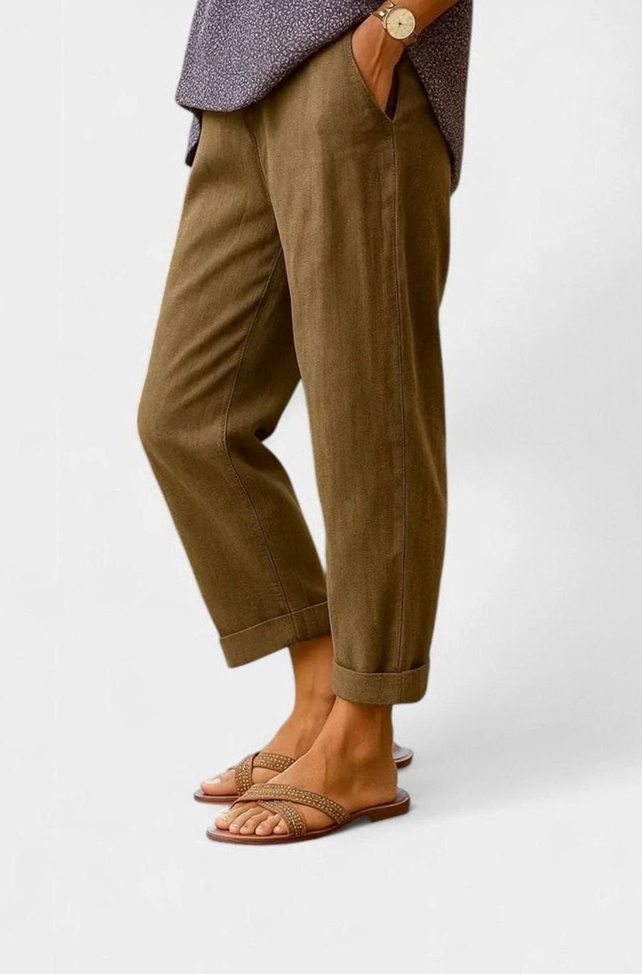 Women's Straight-Leg Tailored Cropped Trousers Side Pockets - Coffee Brown
