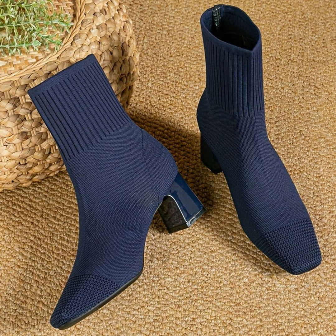 Women's Stretch Knit Block Heel Ankle Boots Square Toe - Blue