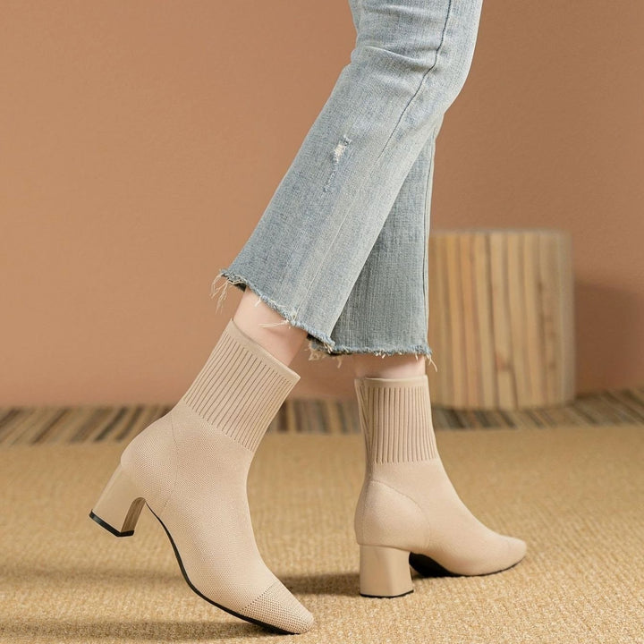 Women's Stretch Knit Block Heel Ankle Boots Square Toe