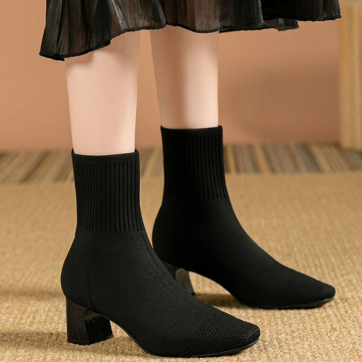 Women's Stretch Knit Block Heel Ankle Boots Square Toe