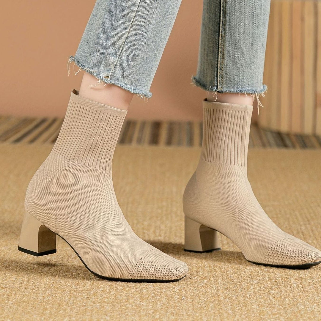Women's Stretch Knit Block Heel Ankle Boots Square Toe - Beige