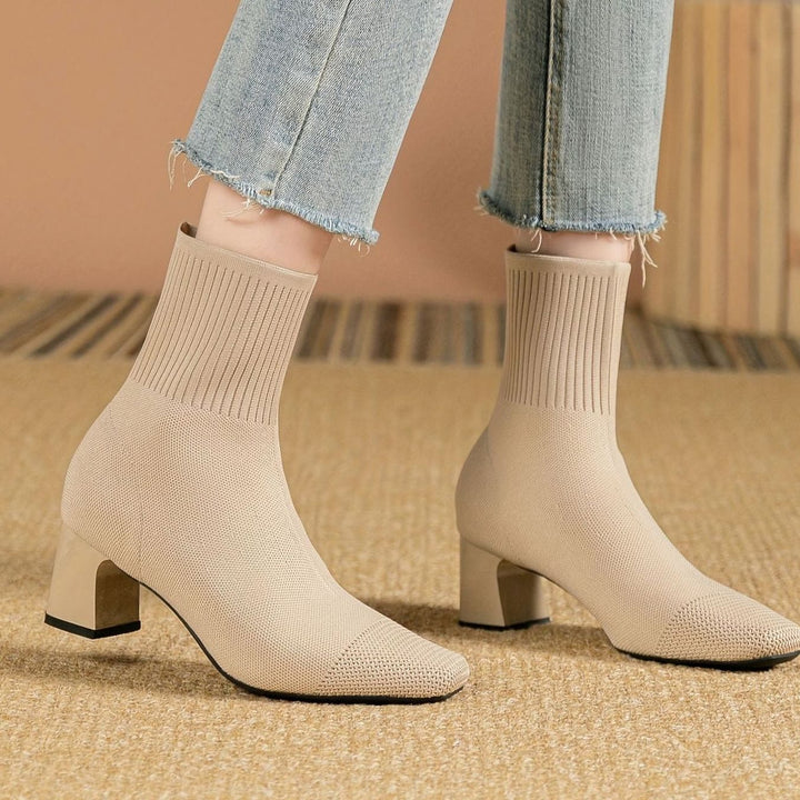 Women's Stretch Knit Block Heel Ankle Boots Square Toe - Beige