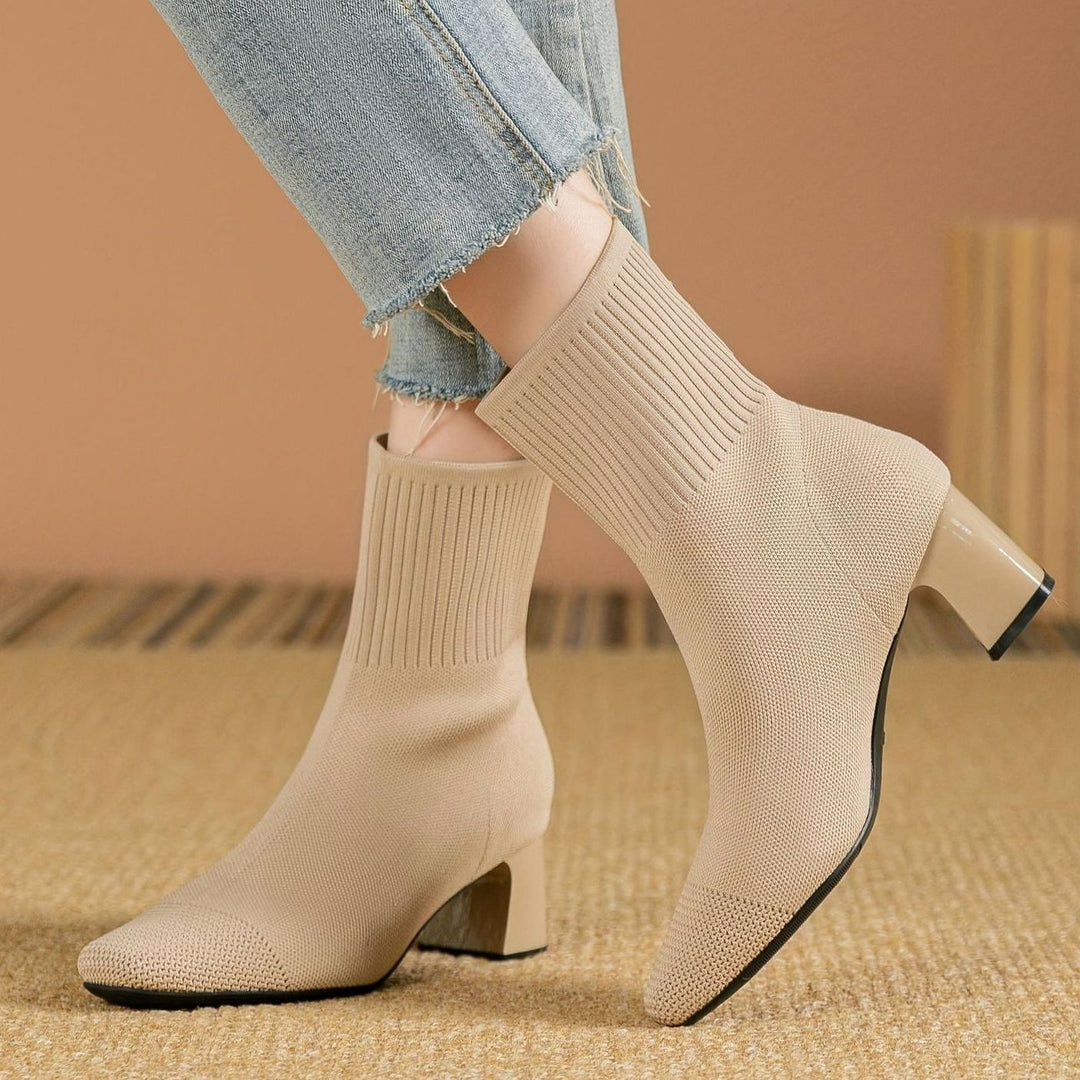 Women's Stretch Knit Block Heel Ankle Boots Square Toe
