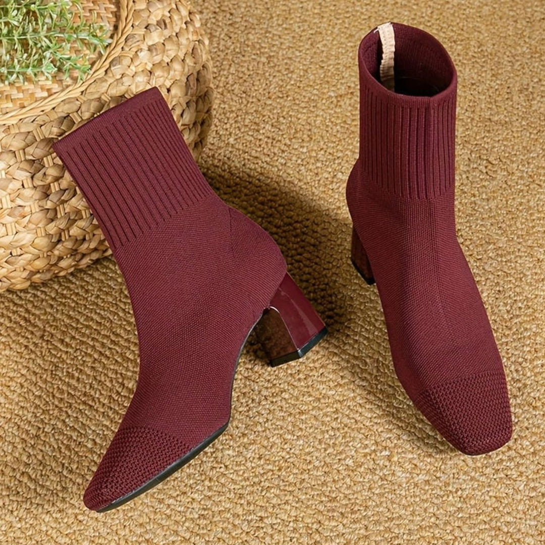 Women's Stretch Knit Block Heel Ankle Boots Square Toe - Red
