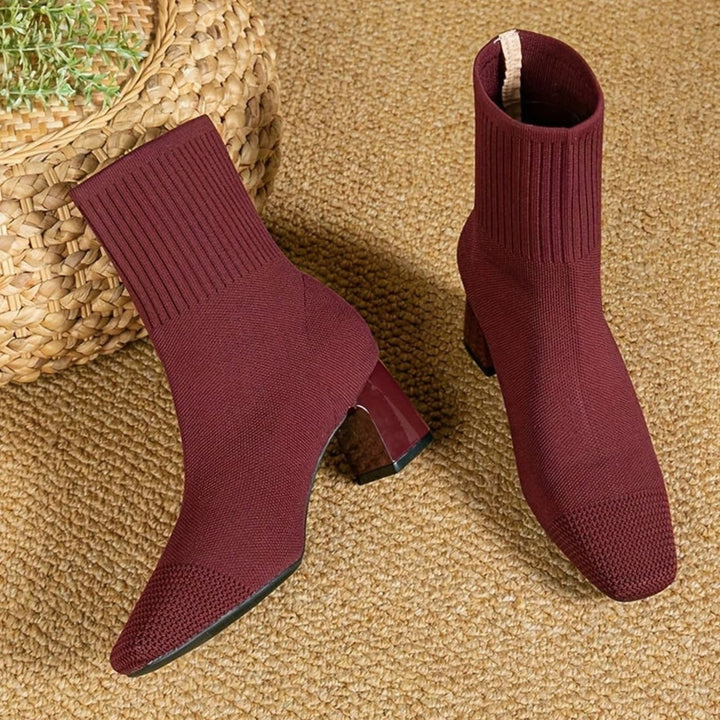 Women's Stretch Knit Block Heel Ankle Boots Square Toe - Red