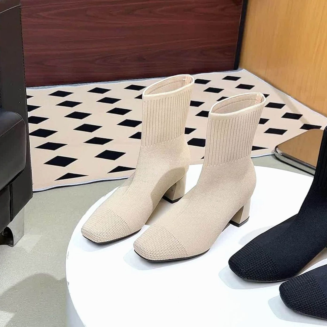 Women's Stretch Knit Block Heel Ankle Boots Square Toe