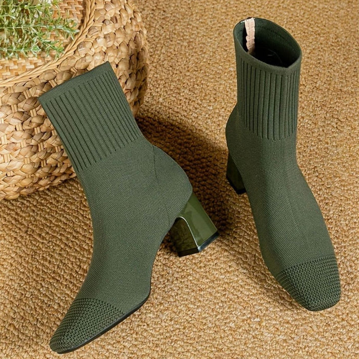 Women's Stretch Knit Block Heel Ankle Boots Square Toe - Green