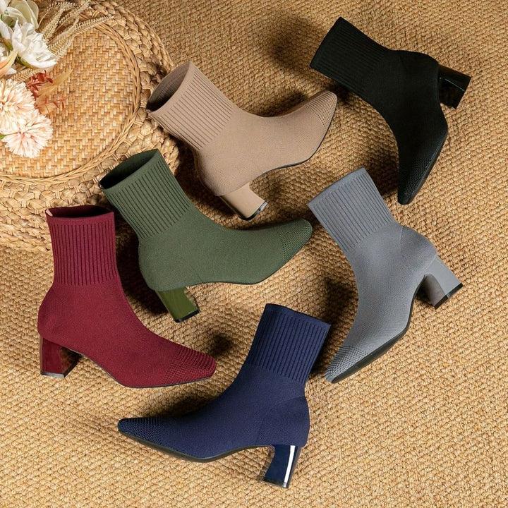Women's Stretch Knit Block Heel Ankle Boots Square Toe
