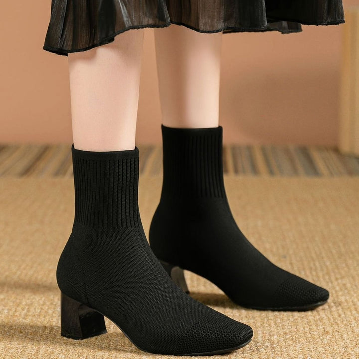 Women's Stretch Knit Block Heel Ankle Boots Square Toe