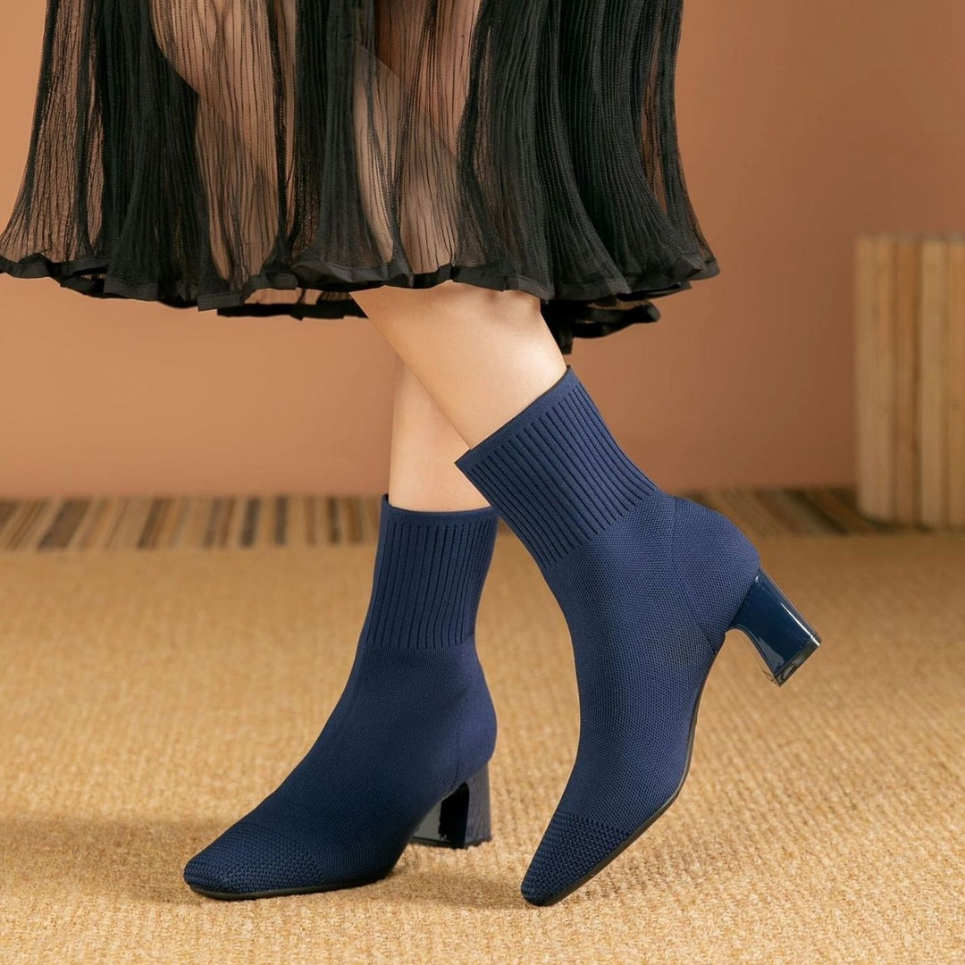 Women's Stretch Knit Block Heel Ankle Boots Square Toe