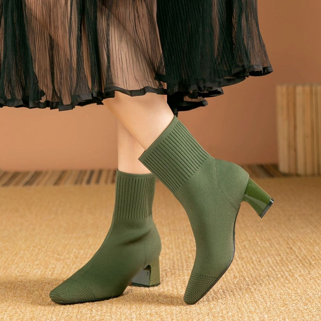 Women's Stretch Knit Block Heel Ankle Boots Square Toe