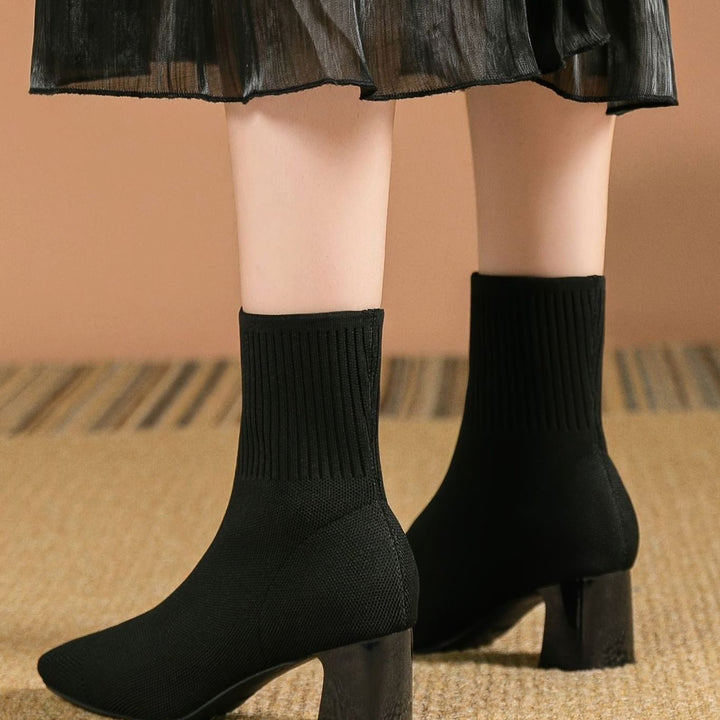 Women's Stretch Knit Block Heel Ankle Boots Square Toe - Black