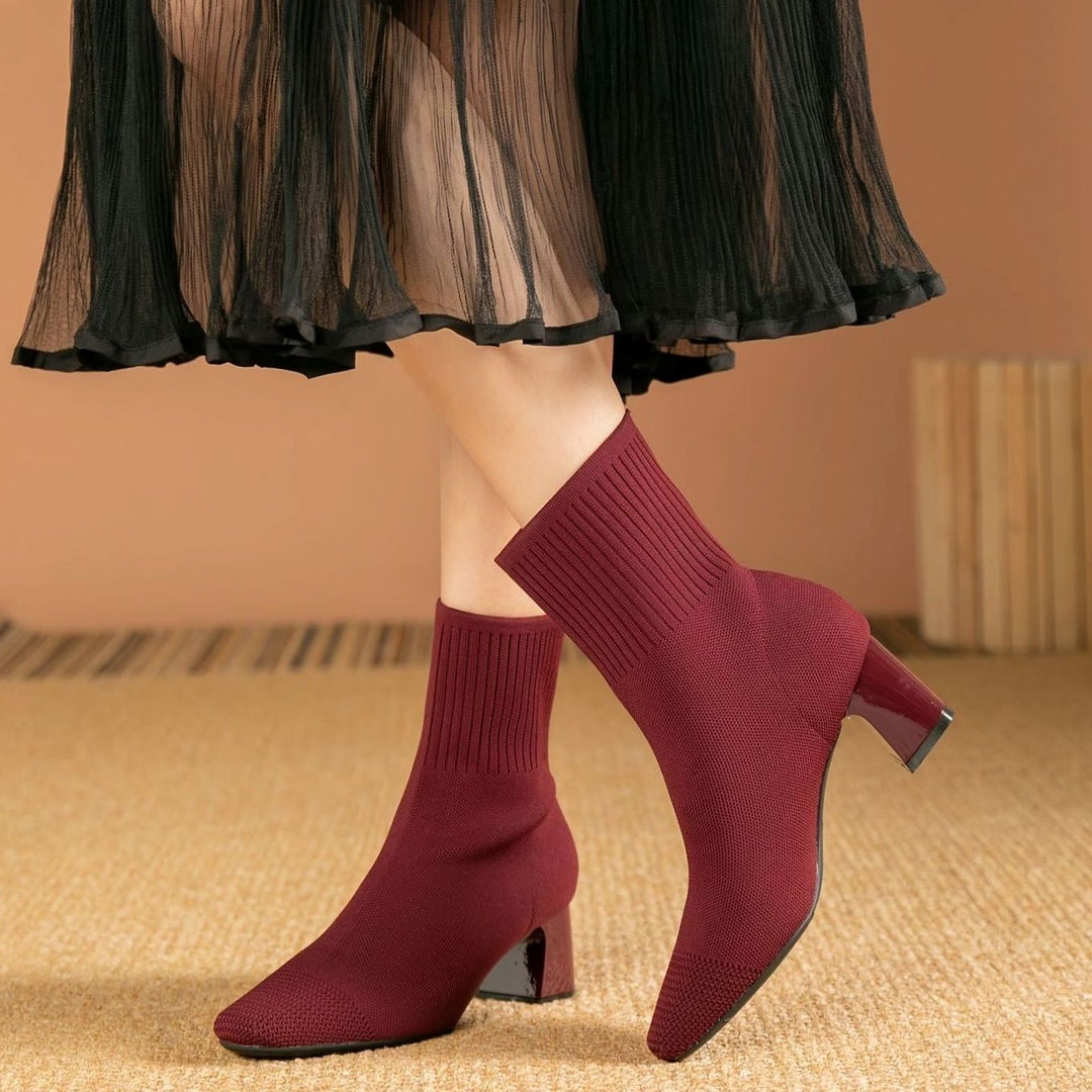 Women's Stretch Knit Block Heel Ankle Boots Square Toe