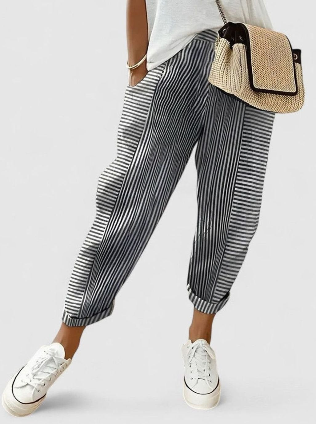 Women's Striped Comfort Trousers Elasticated Waist Side Pockets - Black